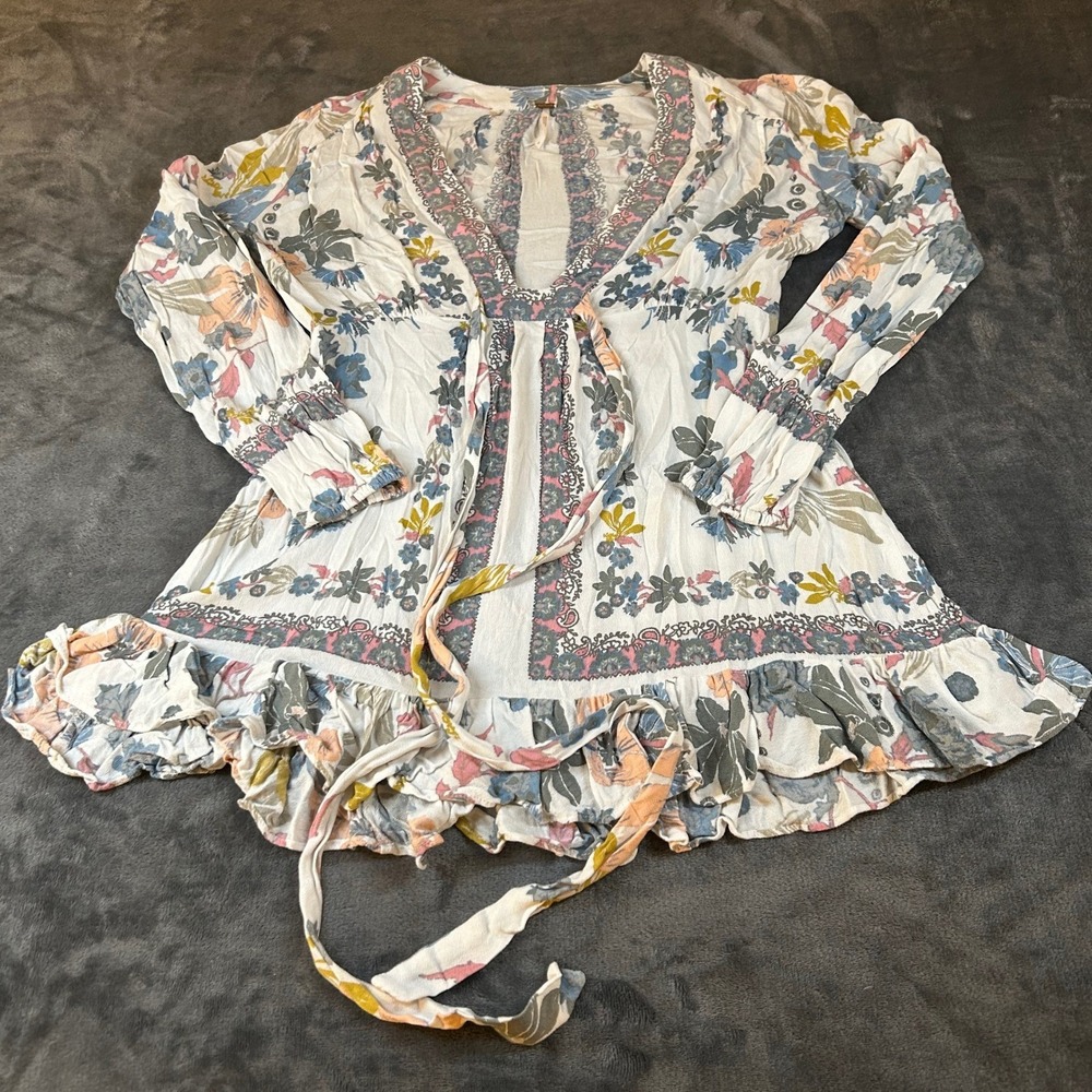 Free People Floral Tunic Blouse Womens Size 2 White Boho Ruffle Tie‎ Front